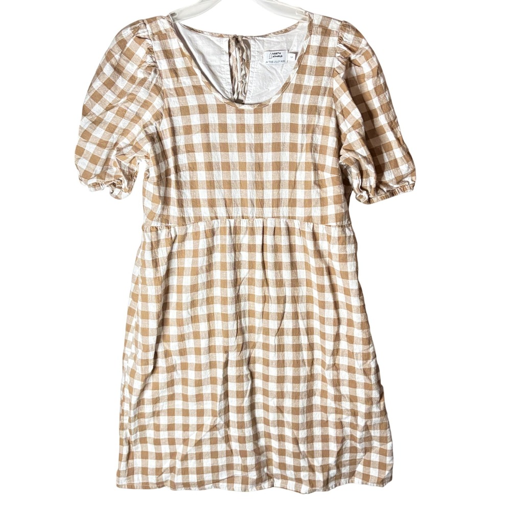 North Kinder Mini Dress Womens S Tan White Gingham Organic Cotton Prairie Picnic